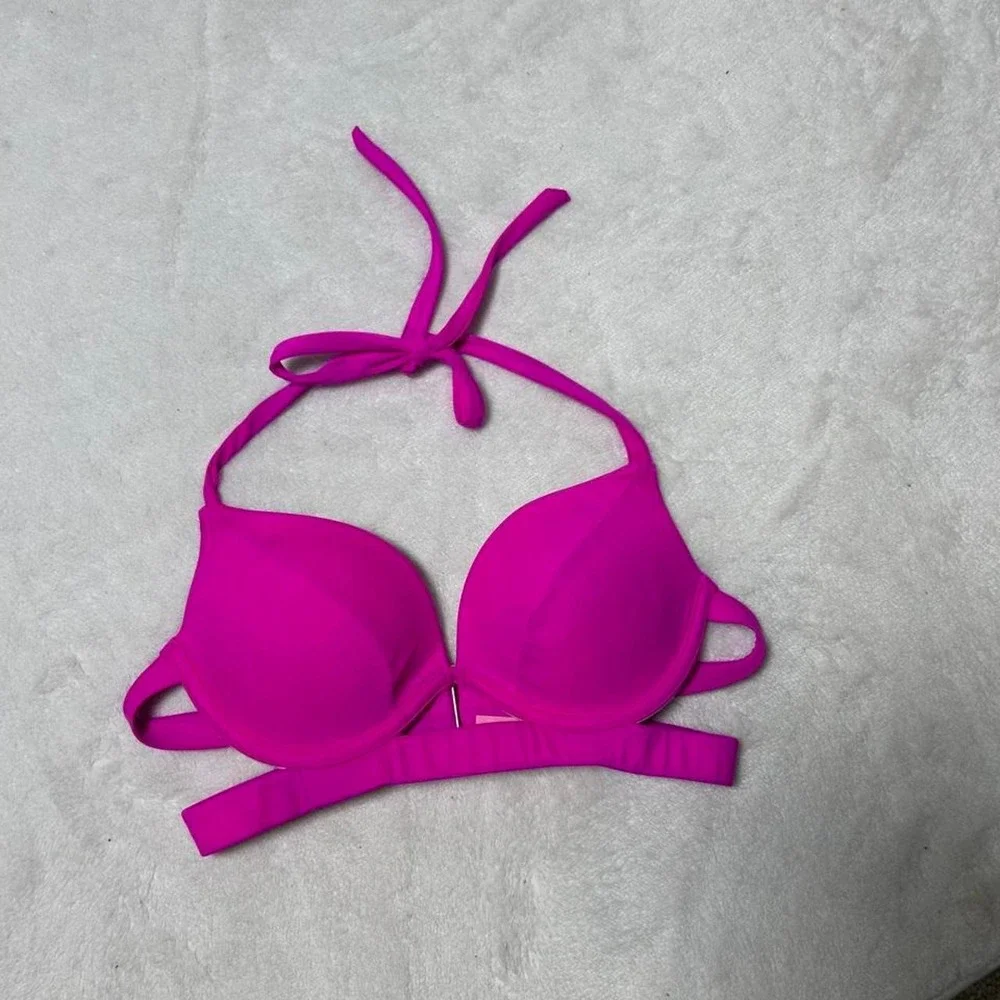 Victorias Secret Bikini Top‎ 34B Hottie Halter Solid Pink Pushup Padded